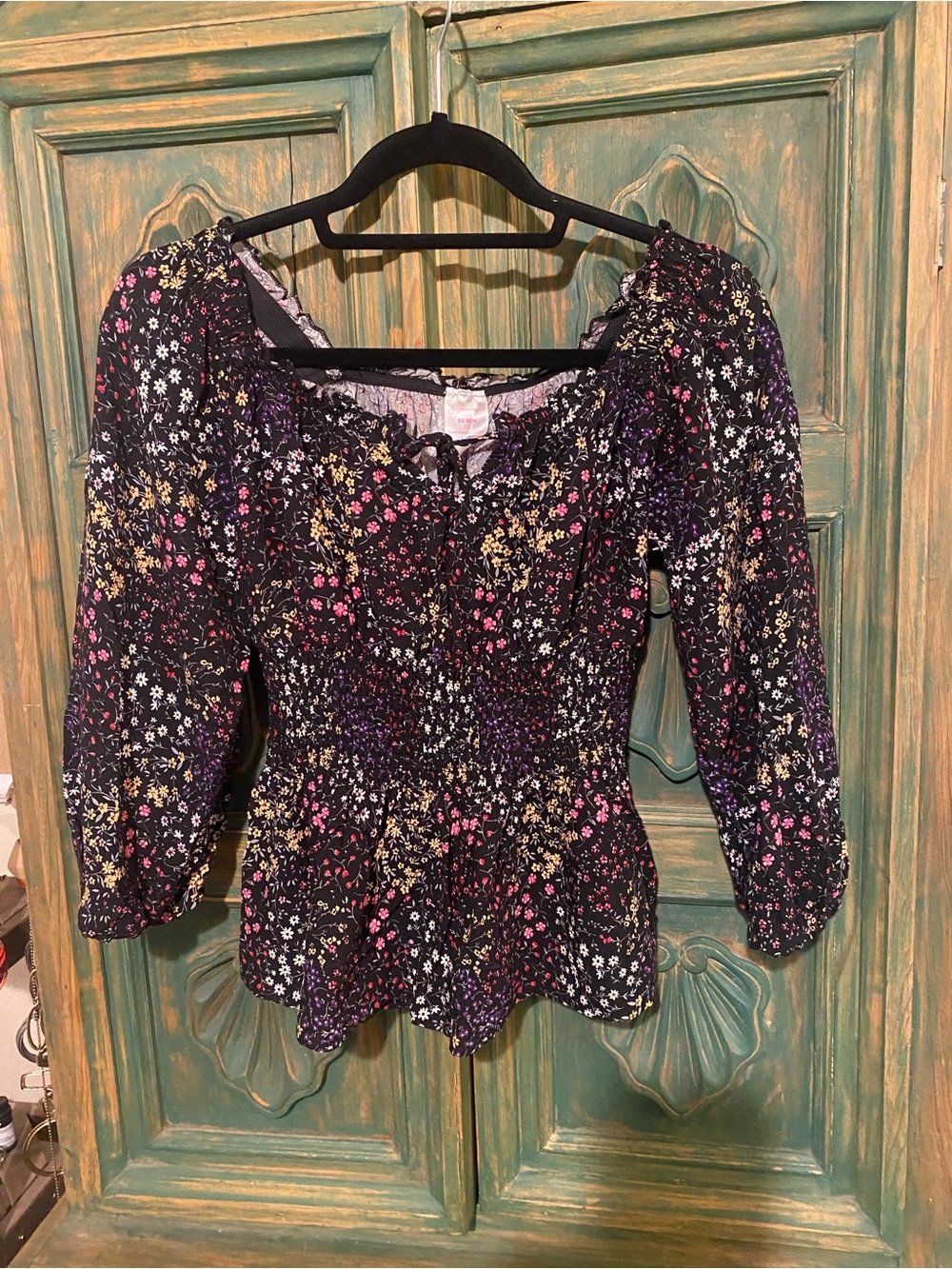 No Boundaries Black Floral Smocked Peplum Blouse